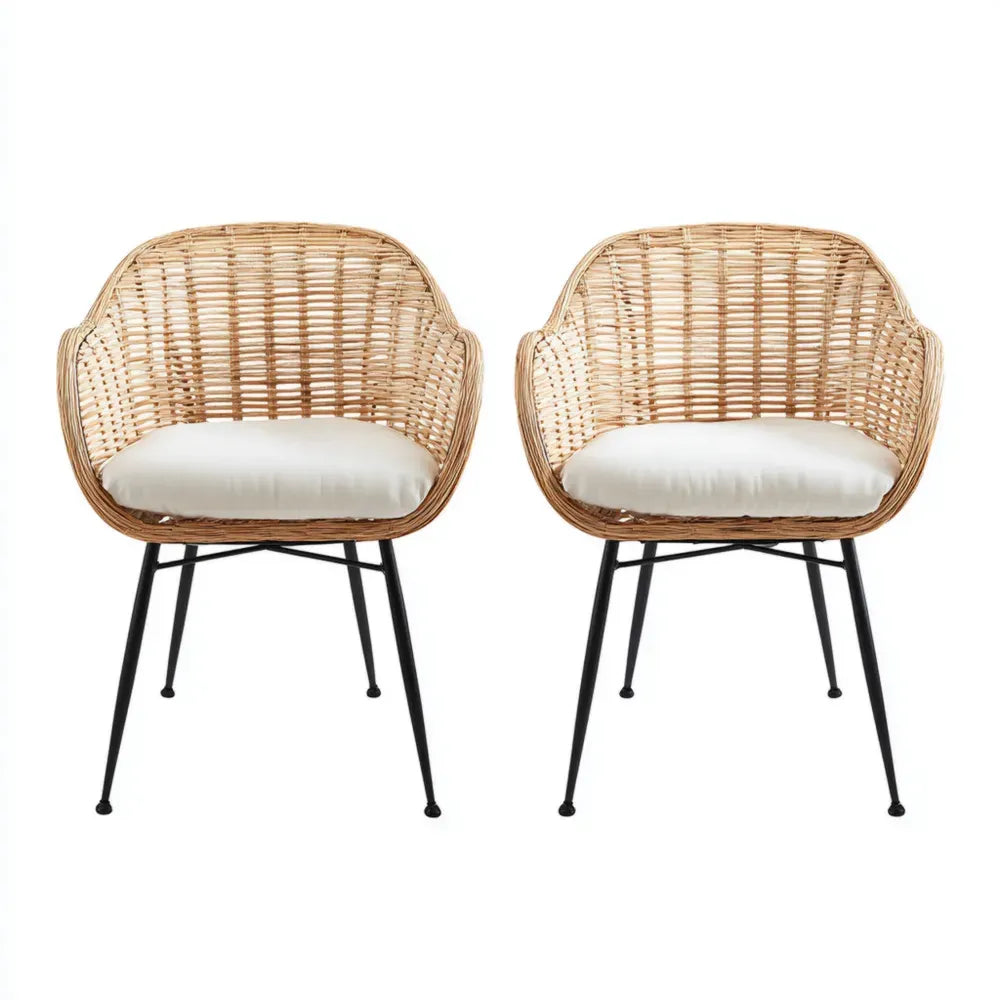 Rattan Patio Dining Chairs Set of 2 - 23.6x24.4x33.5 inches - Natural Wicker - Contemporary Design
