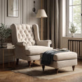 Armchair Set Fabric Upholstery 105x90x100 cm Armchair and 60x50x45 cm Ottoman - Beige - Classic Design